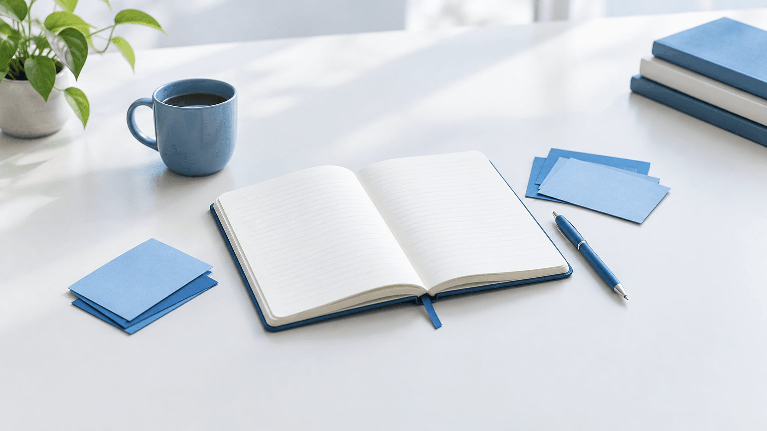 An open notebook and a few blue note cards arranged on a bright desk, suggesting thoughtful professional connections.
